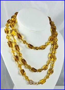 Antique Art Deco Flapper Citrine Amber Faceted Beads Hand Knotted Long Necklace
