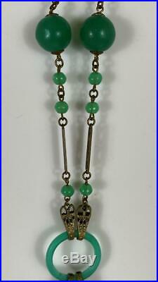 Antique Art Deco Flapper Egyptian Revival Snake Jade Bead Diamond Opera Necklace