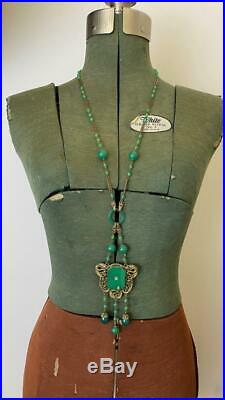 Antique Art Deco Flapper Egyptian Revival Snake Jade Bead Diamond Opera Necklace