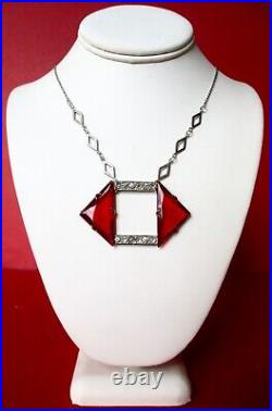 Antique Art-Deco Geometric Red Crystal Pendant Necklace With Clear Paste Stones