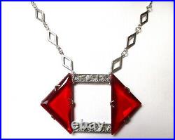 Antique Art-Deco Geometric Red Crystal Pendant Necklace With Clear Paste Stones