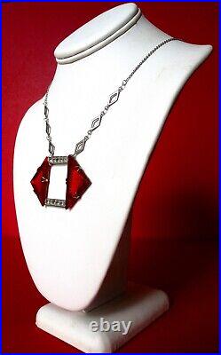 Antique Art-Deco Geometric Red Crystal Pendant Necklace With Clear Paste Stones