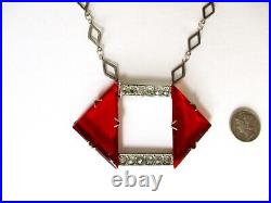 Antique Art-Deco Geometric Red Crystal Pendant Necklace With Clear Paste Stones