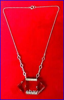 Antique Art-Deco Geometric Red Crystal Pendant Necklace With Clear Paste Stones