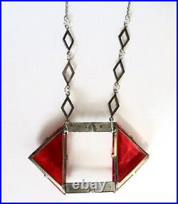 Antique Art-Deco Geometric Red Crystal Pendant Necklace With Clear Paste Stones