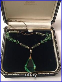 Antique Art Deco Geometrical Lavalier Lettuce Green Crystal Necklace On Chain