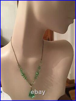 Antique Art Deco Geometrical Lavalier Lettuce Green Crystal Necklace On Chain
