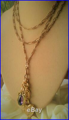Antique Art Deco Gold Gf Amethyst Fob Heart Locket Muff / Watch Chain Necklace