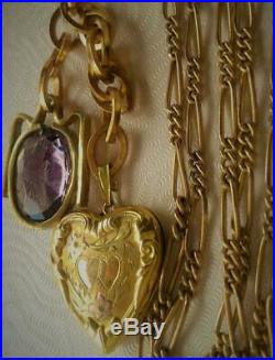 Antique Art Deco Gold Gf Amethyst Fob Heart Locket Muff / Watch Chain Necklace