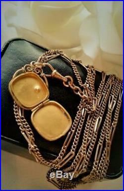 Antique Art Deco Gold Gf Opal Starburst Locket Muff / Watch Chain Necklace