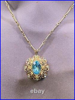 Antique Art Deco Gold Tone 15 Necklace Blue Rhinestone Germany