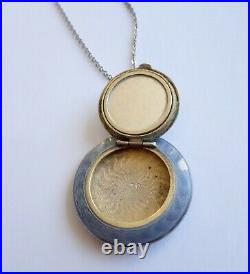 Antique Art Deco Guilloche Silver Pocket Mirror Compact Pendant Locket Necklace