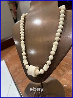 Antique Art Deco Hand Carved Cream Bead Choker 20 Necklace Unique Euc