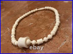 Antique Art Deco Hand Carved Cream Bead Choker 20 Necklace Unique Euc