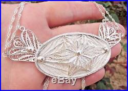 Antique Art Deco Handmade Filigree Flower Sterling Silver Pendant Necklace