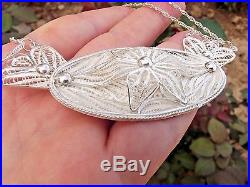 Antique Art Deco Handmade Filigree Flower Sterling Silver Pendant Necklace