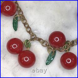 Antique Art Deco Hanging Red Cherry Plastic Bakelite 1930's Necklace