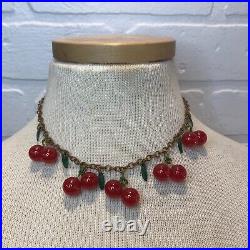 Antique Art Deco Hanging Red Cherry Plastic Bakelite 1930's Necklace