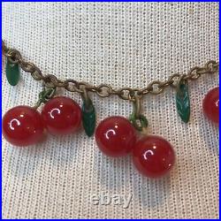 Antique Art Deco Hanging Red Cherry Plastic Bakelite 1930's Necklace