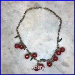 Antique Art Deco Hanging Red Cherry Plastic Bakelite 1930's Necklace