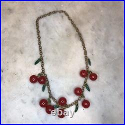 Antique Art Deco Hanging Red Cherry Plastic Bakelite 1930's Necklace