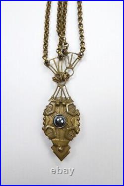 Antique Art Deco Hematite Lariat Brass Garnet Onyx necklace