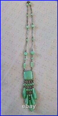 Antique Art Deco Jade Green Peking Glass Tassel Necklace