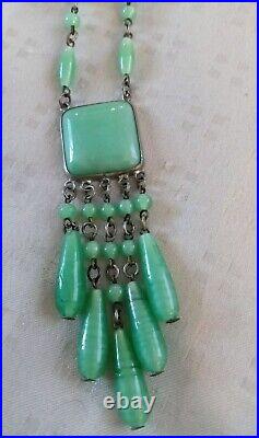 Antique Art Deco Jade Green Peking Glass Tassel Necklace