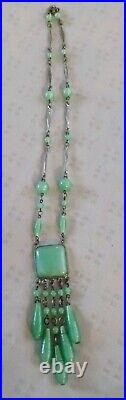 Antique Art Deco Jade Green Peking Glass Tassel Necklace