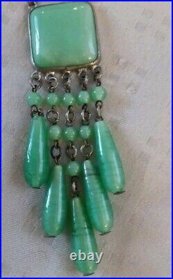 Antique Art Deco Jade Green Peking Glass Tassel Necklace