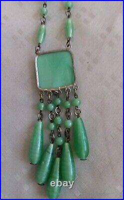 Antique Art Deco Jade Green Peking Glass Tassel Necklace