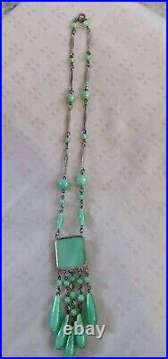 Antique Art Deco Jade Green Peking Glass Tassel Necklace