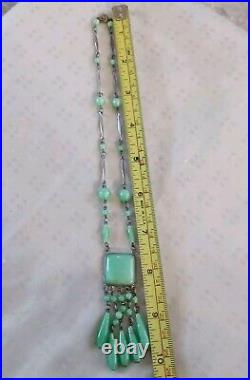 Antique Art Deco Jade Green Peking Glass Tassel Necklace