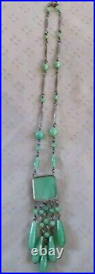 Antique Art Deco Jade Green Peking Glass Tassel Necklace