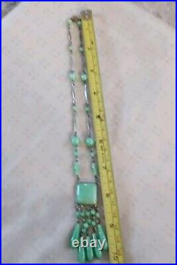 Antique Art Deco Jade Green Peking Glass Tassel Necklace