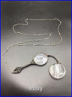 Antique Art Deco Lorgnette Folding Glasses Necklace Sterling Silver & Marcasite