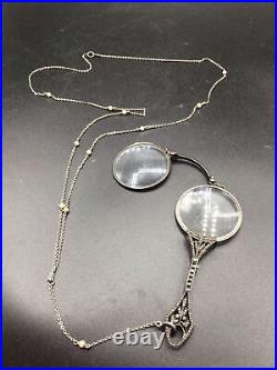 Antique Art Deco Lorgnette Folding Glasses Necklace Sterling Silver & Marcasite