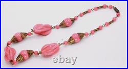 Antique Art Deco Louis Rousselet Pink Molded Glass Brass Necklace