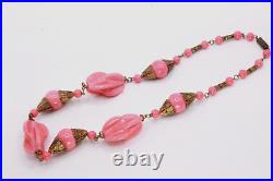 Antique Art Deco Louis Rousselet Pink Molded Glass Brass Necklace