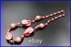 Antique Art Deco Louis Rousselet Pink Molded Glass Brass Necklace