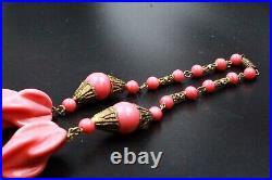 Antique Art Deco Louis Rousselet Pink Molded Glass Brass Necklace