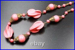 Antique Art Deco Louis Rousselet Pink Molded Glass Brass Necklace