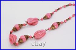 Antique Art Deco Louis Rousselet Pink Molded Glass Brass Necklace