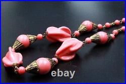 Antique Art Deco Louis Rousselet Pink Molded Glass Brass Necklace