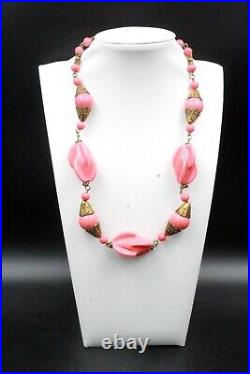 Antique Art Deco Louis Rousselet Pink Molded Glass Brass Necklace