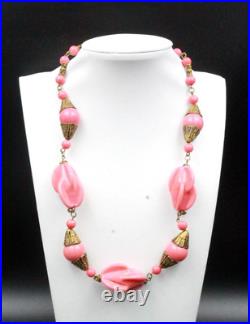 Antique Art Deco Louis Rousselet Pink Molded Glass Brass Necklace