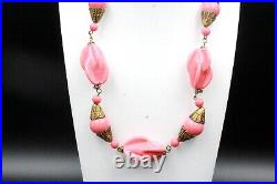 Antique Art Deco Louis Rousselet Pink Molded Glass Brass Necklace