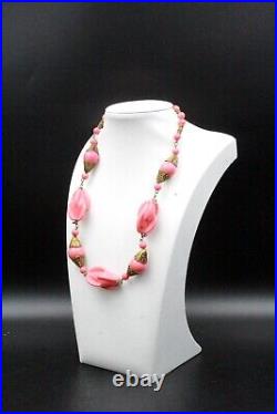 Antique Art Deco Louis Rousselet Pink Molded Glass Brass Necklace