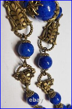 Antique Art Deco MAX NEIGER BROS sign Blue Peking Glass Necklace Ornate Brass