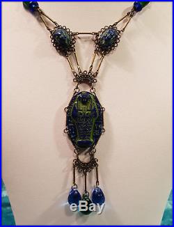Antique Art Deco Max Neiger Blue & Green Czech Glass Egyptian Revival Necklace